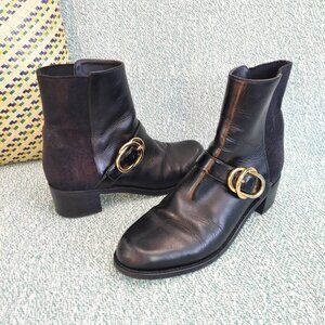 Stuart Weitzman Dressy Black Leather Ankle Boots, Chunky Heels, Sz 7